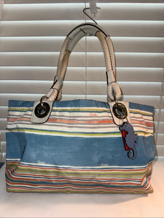 Coach Handbags - Coach Nautical Beach Multi Stripe E/ W Tote Bag Purse w/ Seahorse Charm